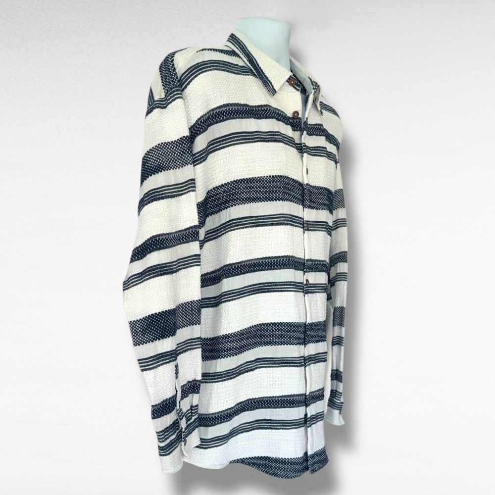 Scotch & Soda XL Basketweave Voile Button-Up Shirt White Navy Striped Resort - Picture 8 of 12